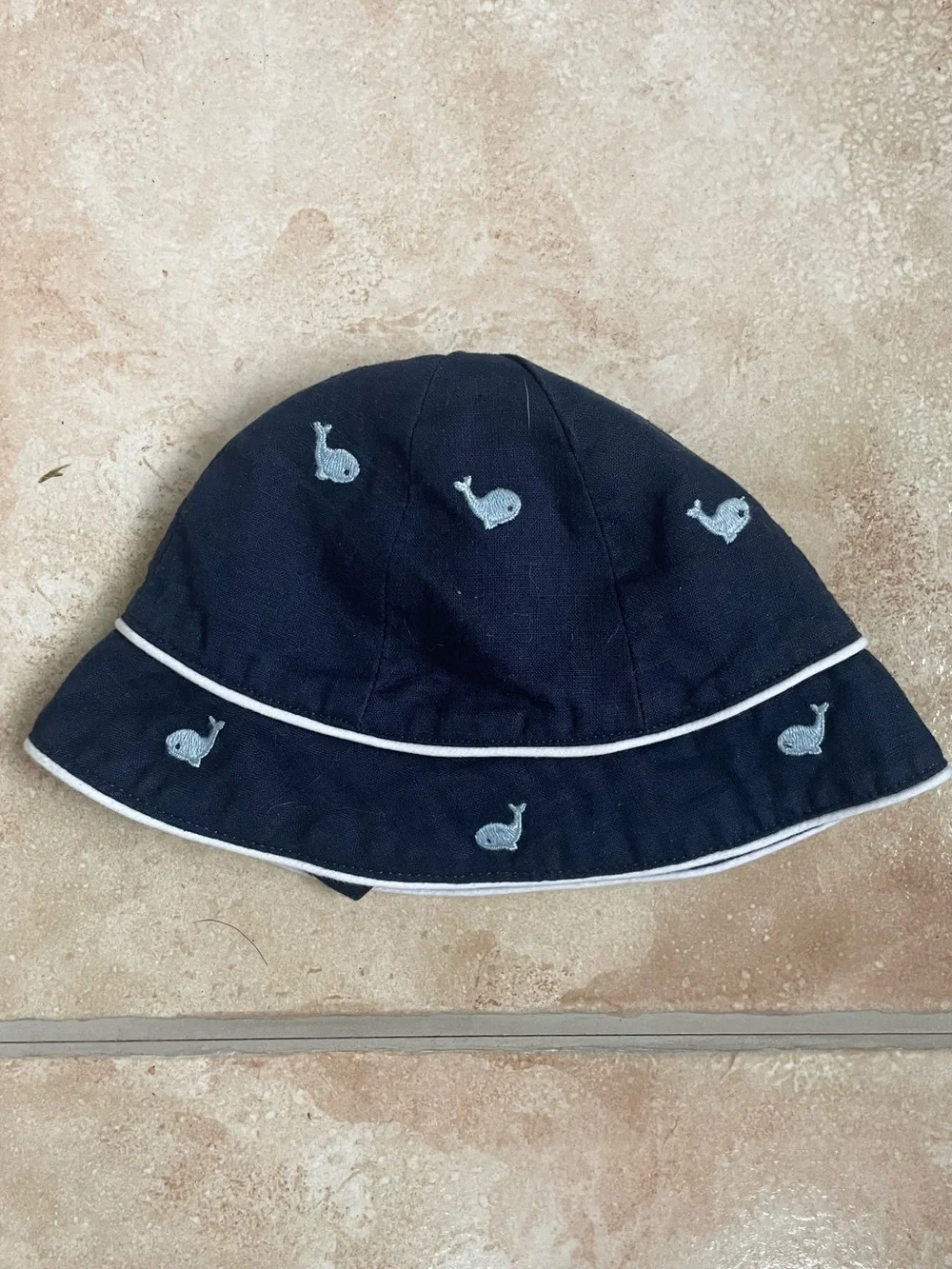 Janie & Jack blue whale nautical style baby bucket hat with chin straps; 0-3 mo